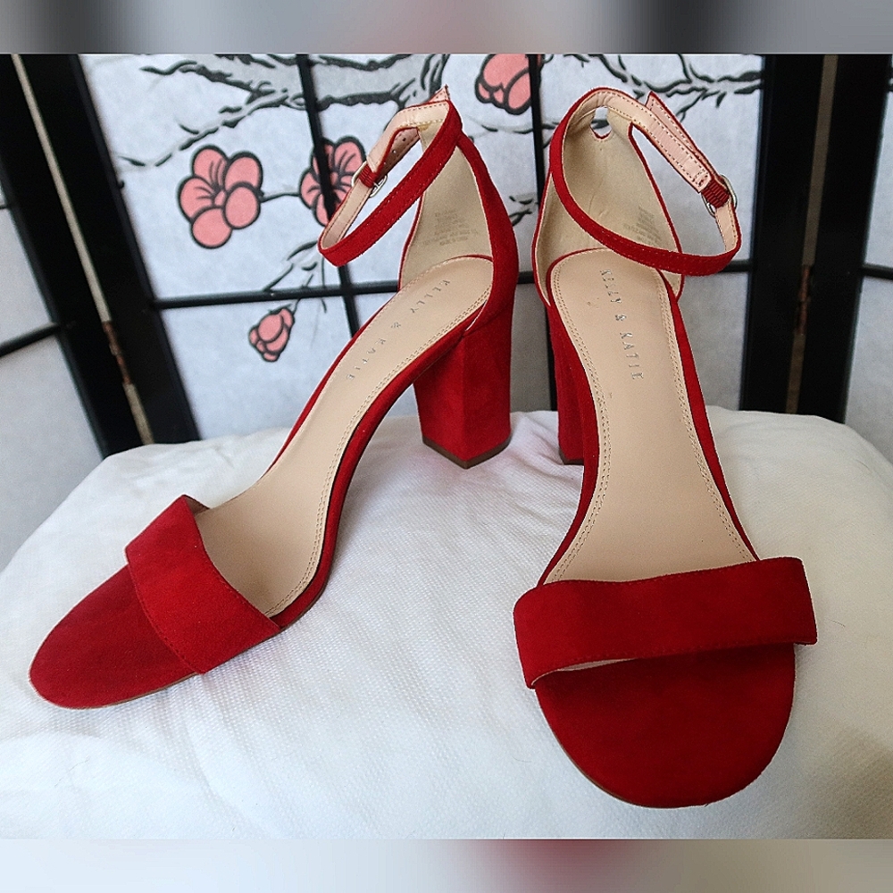 Kelly & Katie Suade Open Toed Cherry Red Chunky Heels Block Design Ankle Strap